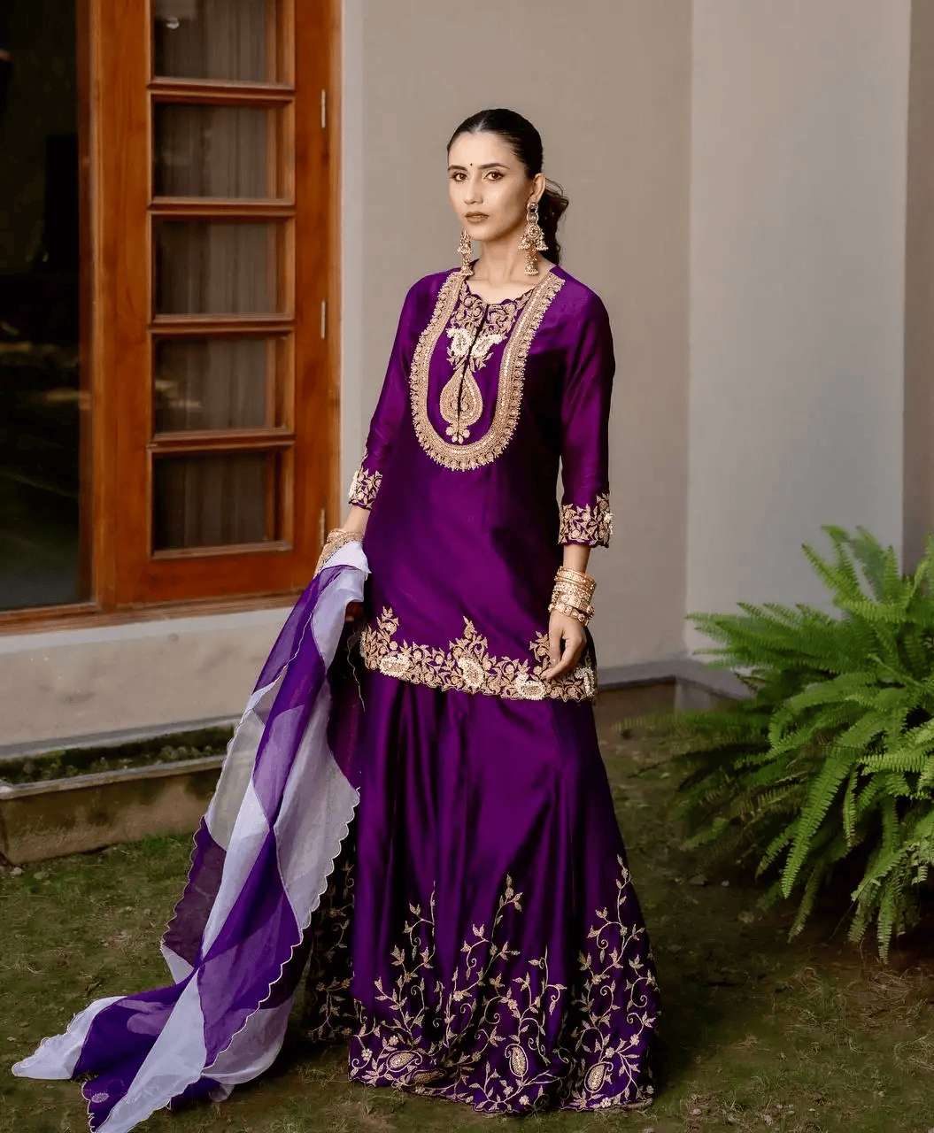 Women's Chinon Silk Sequence Embroidery Work Straight Kurti With Sharara Suit and Dupatta Set - Image 7