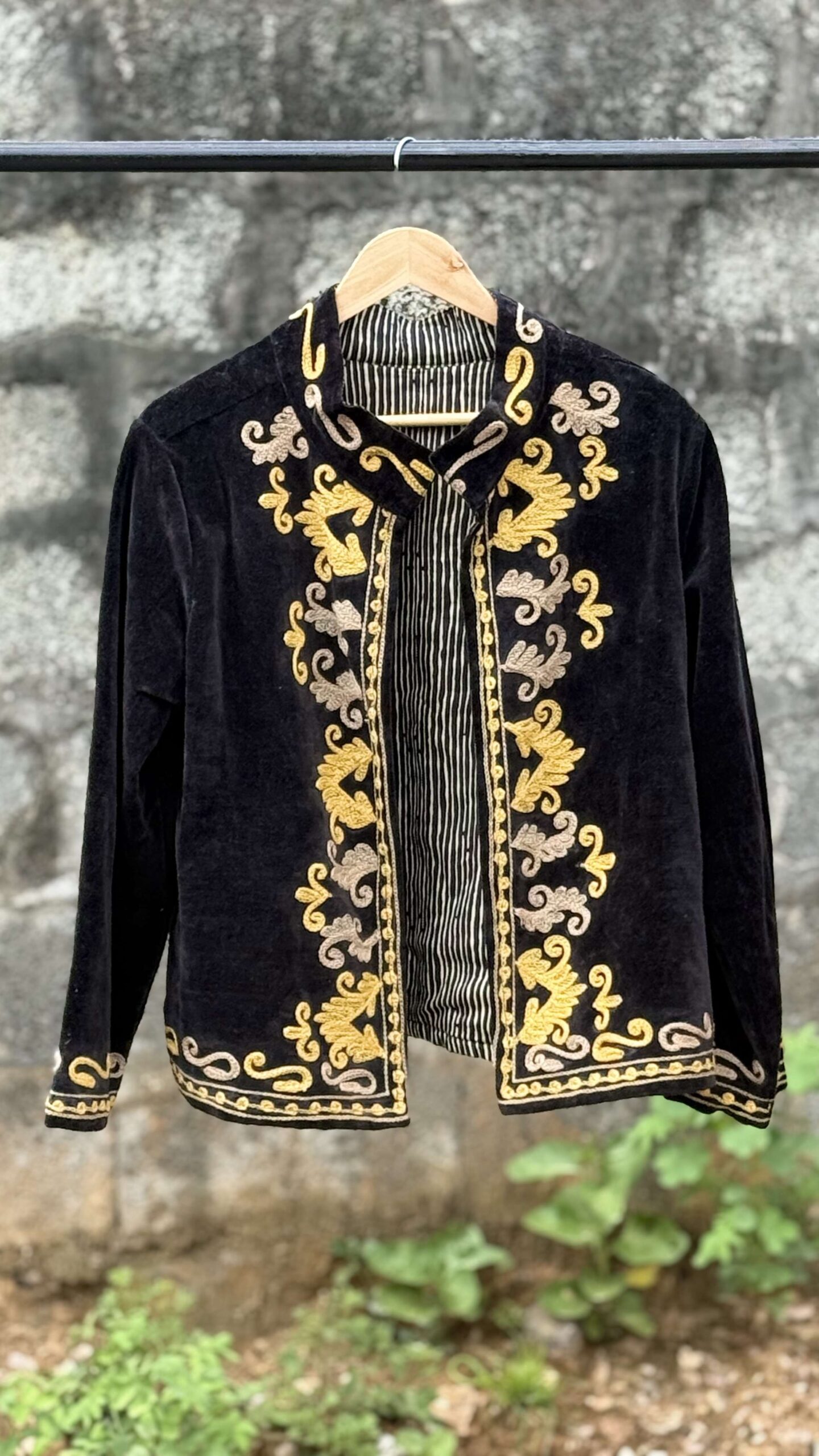Womens Black Velvet Embroidered Jacket with Floral Design - Image 3