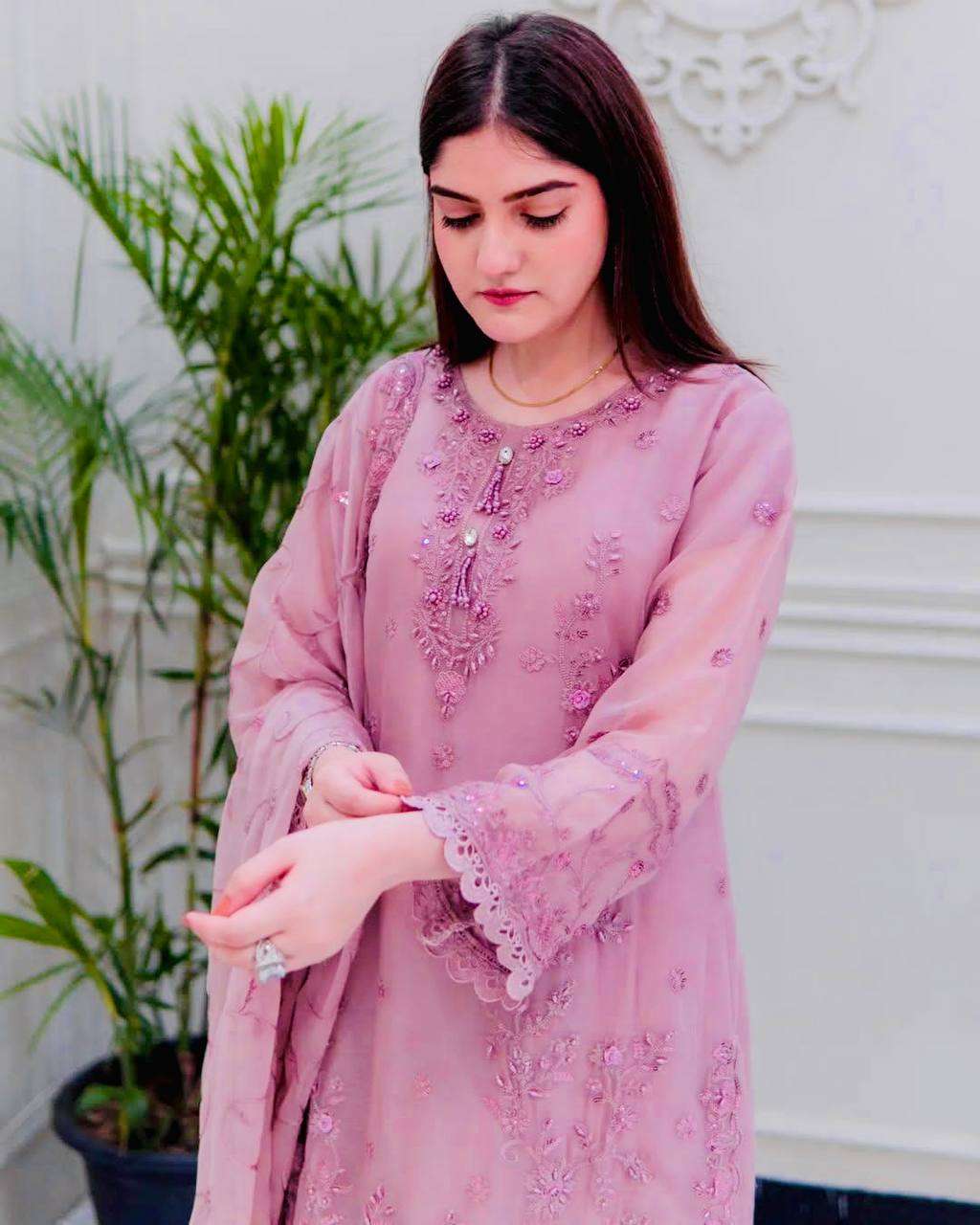 Women's Faux Georgette Embroidery work Straight Kurti With Pant and Dupatta Set - Image 3