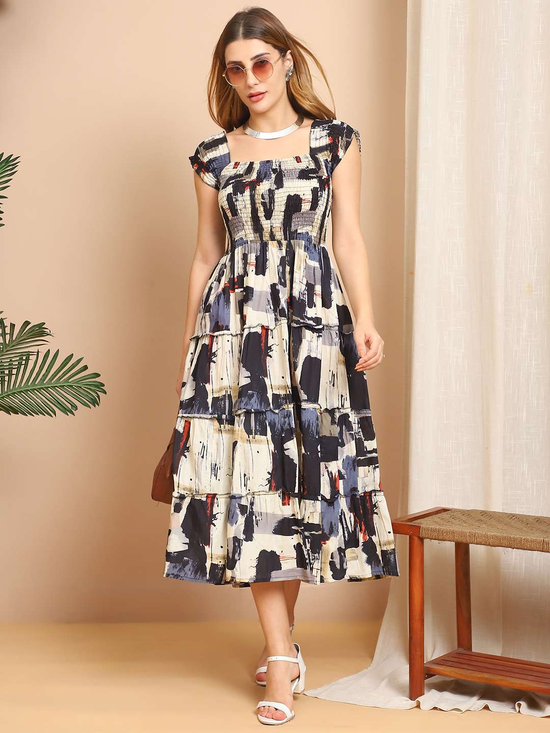 Women's Viscos Rayon Printed Off Shoulder Midi Dress For Summer And Casual Wear