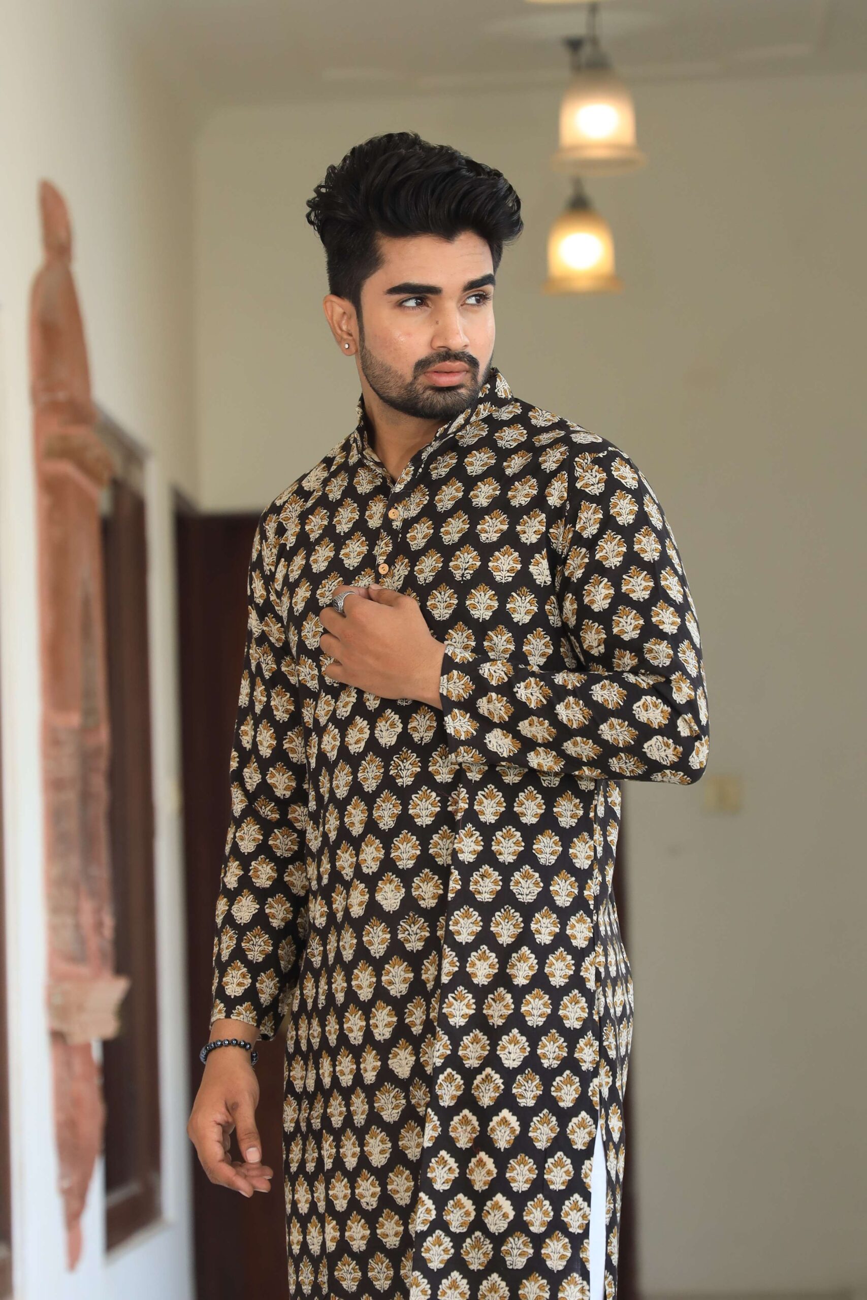 Mens Black Printed Cotton Kurta with Golden Motifs & White Pajama ? Elegant Ethnic Wear for Parties & Weddings - Image 4