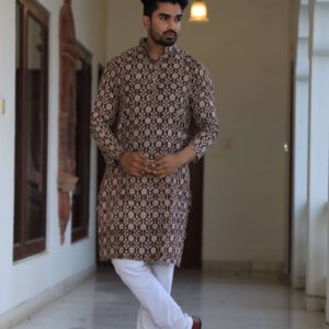 Mens Brown Floral Printed Cotton Kurta with White Pajama ? Elegant Traditional & Ethnic Wear