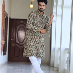 Mens Green Printed Cotton Kurta with White Pajama ? Traditional Festive & Casual Wear