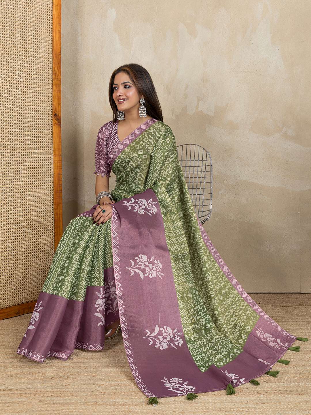 Elegant Olive Green and Mauve Pink Linen Saree with Geometric and Floral Prints