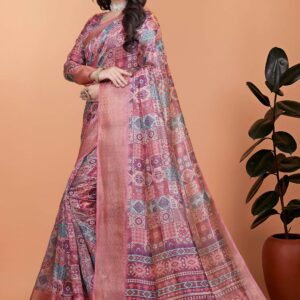 Pink Soft Silk Saree with Copper Zari Border & Multicolor Pallu