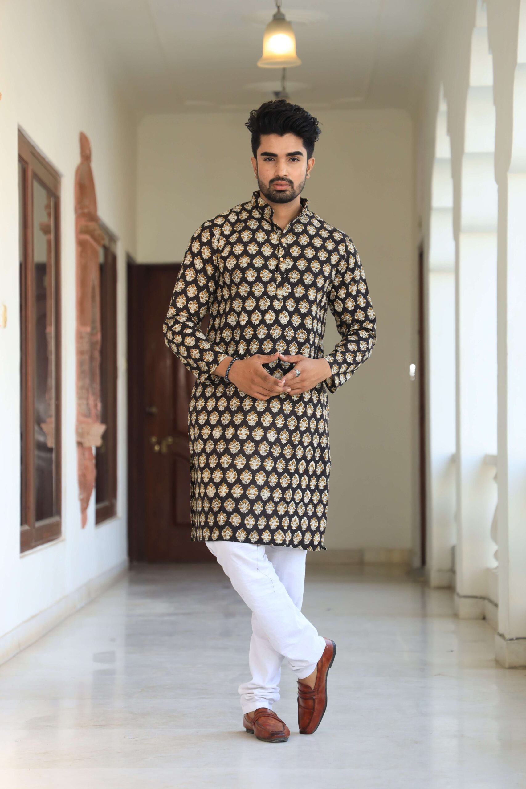 Mens Black Printed Cotton Kurta with Golden Motifs & White Pajama ? Elegant Ethnic Wear for Parties & Weddings - Image 3