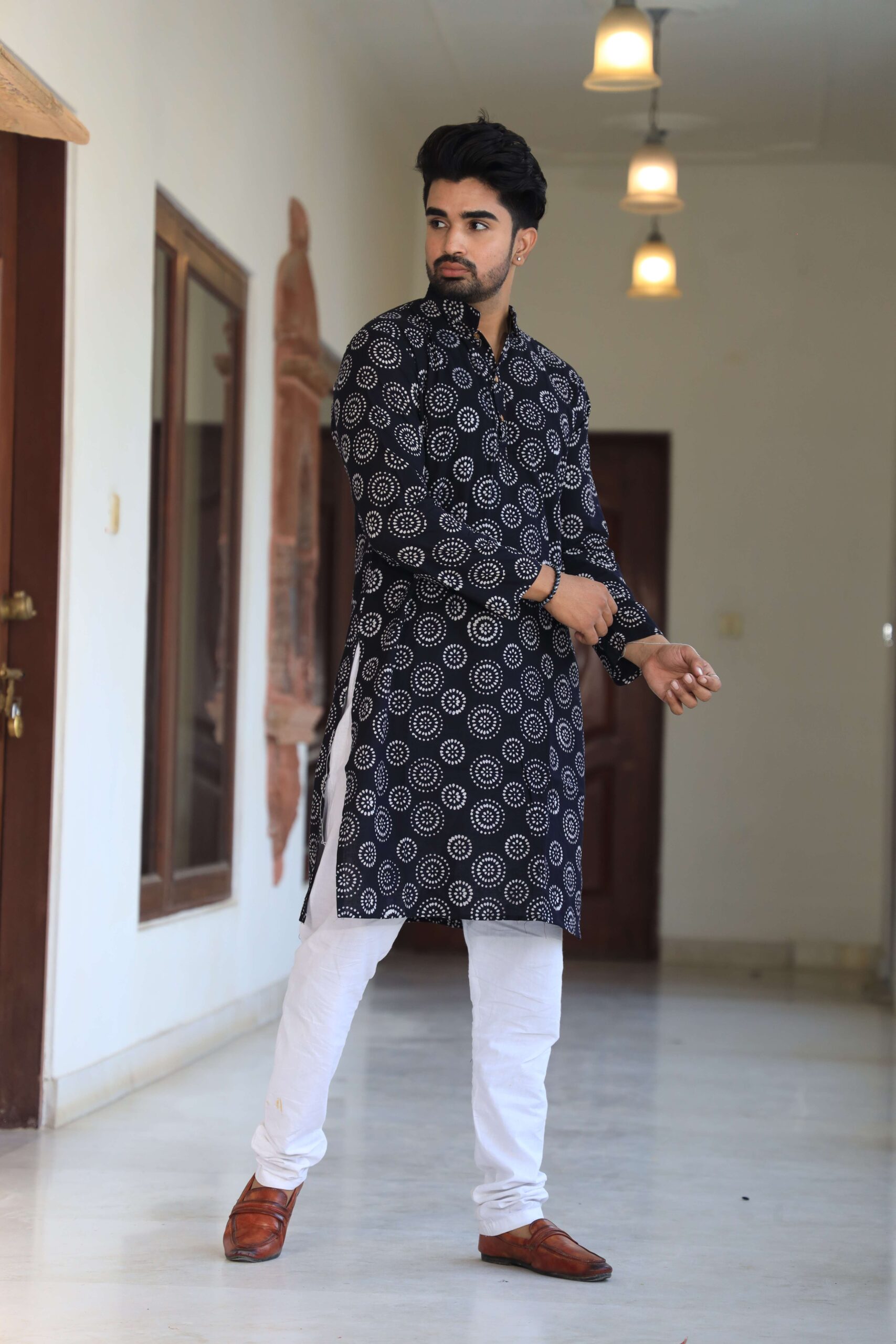 Mens Black Printed Cotton Kurta with White Pajama ? Trendy Festive & Casual Wear - Image 3
