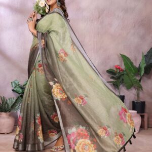 Serene Green Floral Printed Saree with a Contrasting Pallu