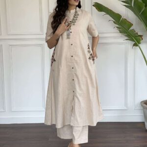Women's Cotton Embroiderd Long A-Line Kurti with Palazzo