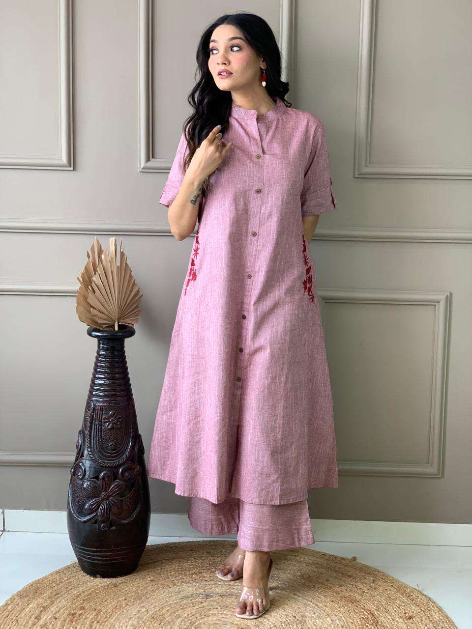 Women's Cotton Embroiderd Long A-Line Kurti with Palazzo