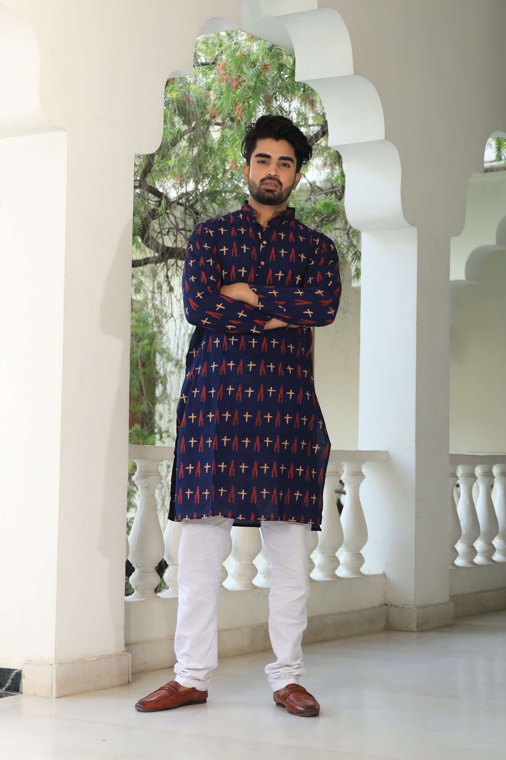 Mens Navy Blue Printed Cotton Kurta with White Pajama ? Stylish Ethnic Wear for Weddings & Festive Celebrations