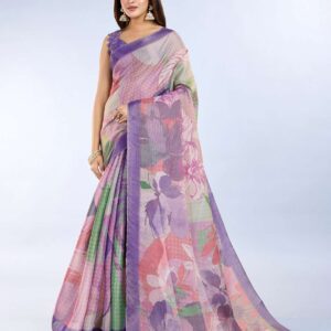 Elegant Teal Green and Mauve Pink Linen Saree with Geometric and Floral Prints