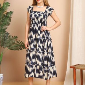 Women's Viscos Rayon Printed Off Shoulder Midi Dress For Summer And Casual Wear (Blue Cream)