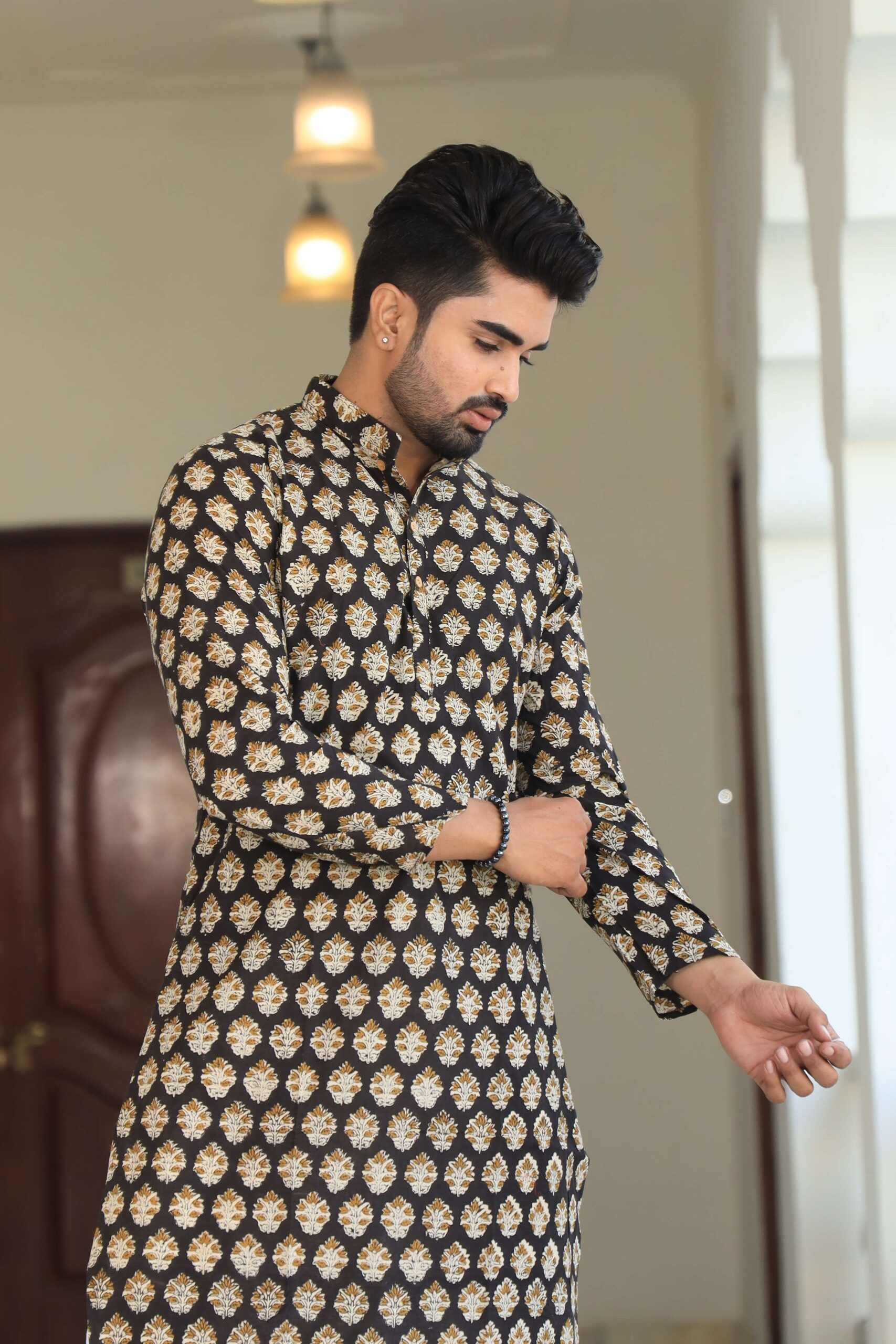 Mens Black Printed Cotton Kurta with Golden Motifs & White Pajama ? Elegant Ethnic Wear for Parties & Weddings - Image 5