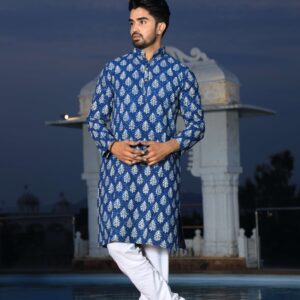 Mens Blue Printed Cotton Kurta with White Pajama ? Elegant Traditional & Ethnic Wear