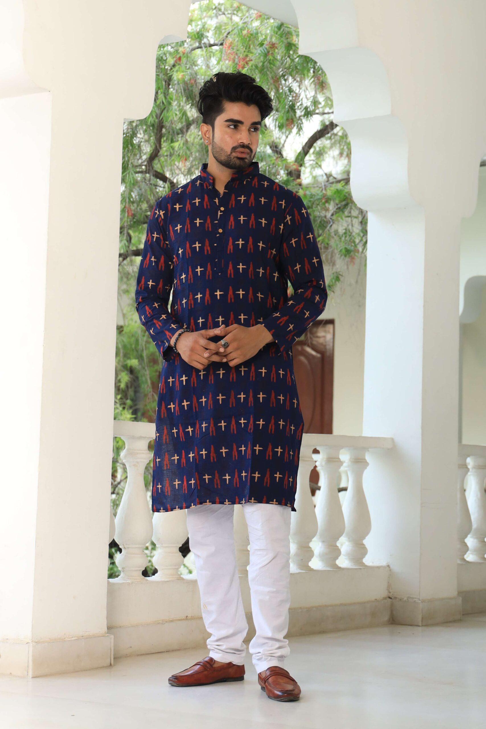 Mens Navy Blue Printed Cotton Kurta with White Pajama ? Stylish Ethnic Wear for Weddings & Festive Celebrations - Image 5