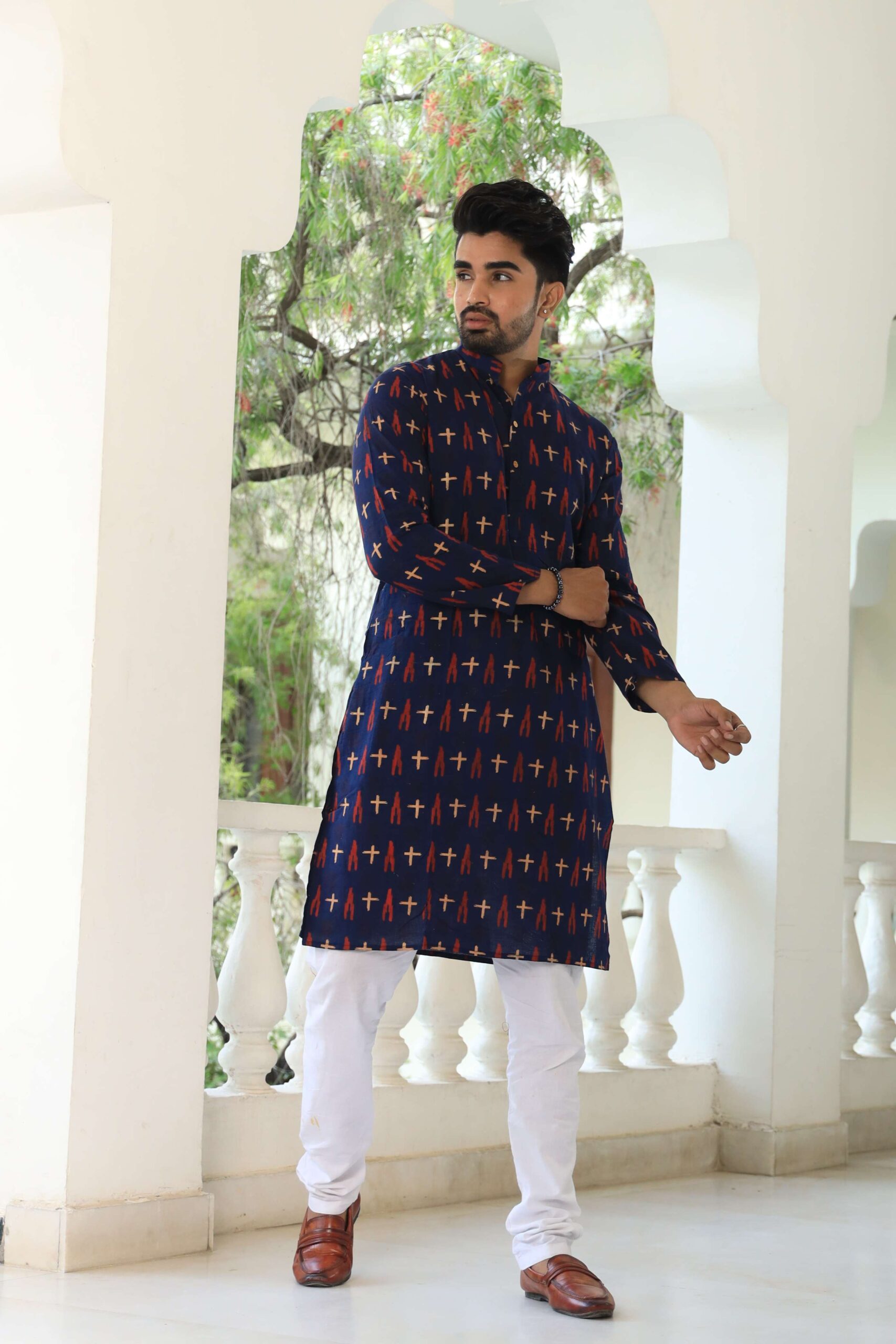 Mens Navy Blue Printed Cotton Kurta with White Pajama ? Stylish Ethnic Wear for Weddings & Festive Celebrations - Image 3