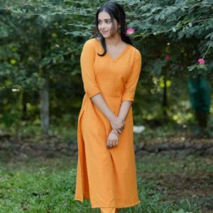 Women's Cotton V-neck Solid Straight Kurti With Pant