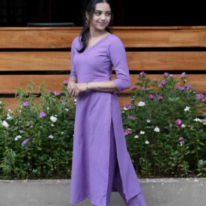 Women's Cotton V-neck Solid Straight Kurti With Pant