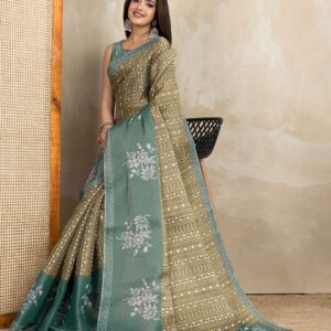 Stylish Olive Green and Teal Linen Saree with Geometric and Floral Prints
