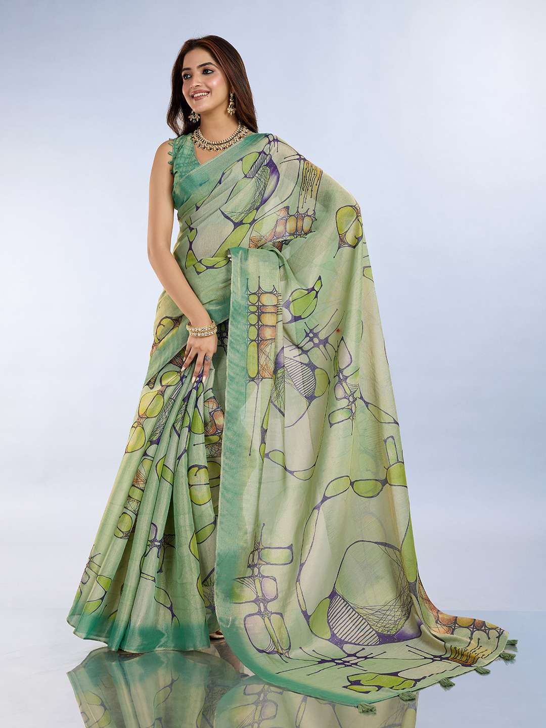 Exquisite Light Green Printed Linen Saree with Abstract Dragonfly and Geometric Patterns - Perfect for Modern Ethnic Wear