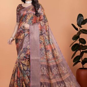Lavender Soft Silk Saree with Copper Zari Border & Floral Pallu