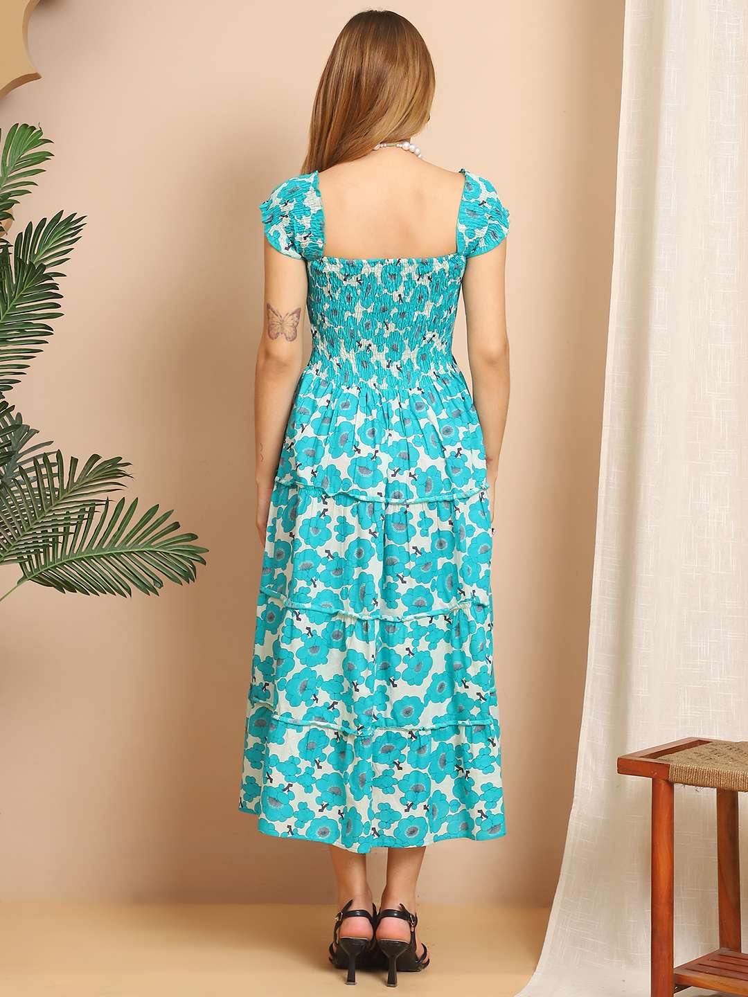 Women's Viscos Rayon Printed Off Shoulder Midi Dress For Summer And Casual Wear (Blue Floral) - Image 7