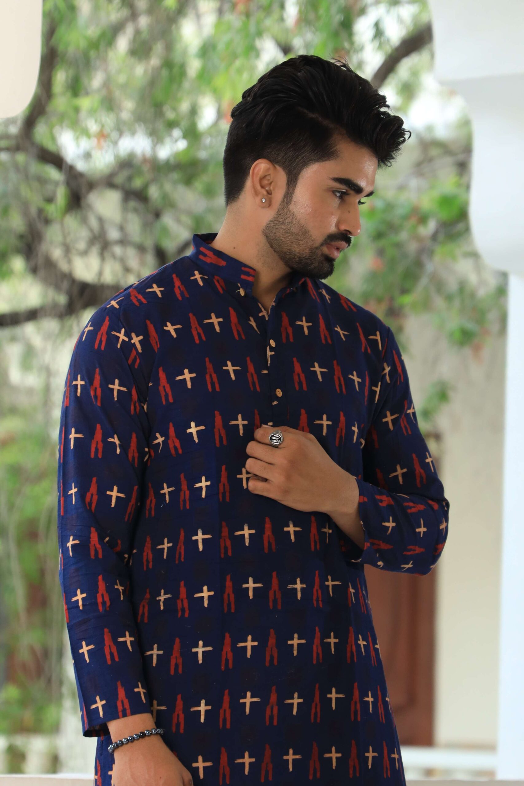 Mens Navy Blue Printed Cotton Kurta with White Pajama ? Stylish Ethnic Wear for Weddings & Festive Celebrations - Image 4