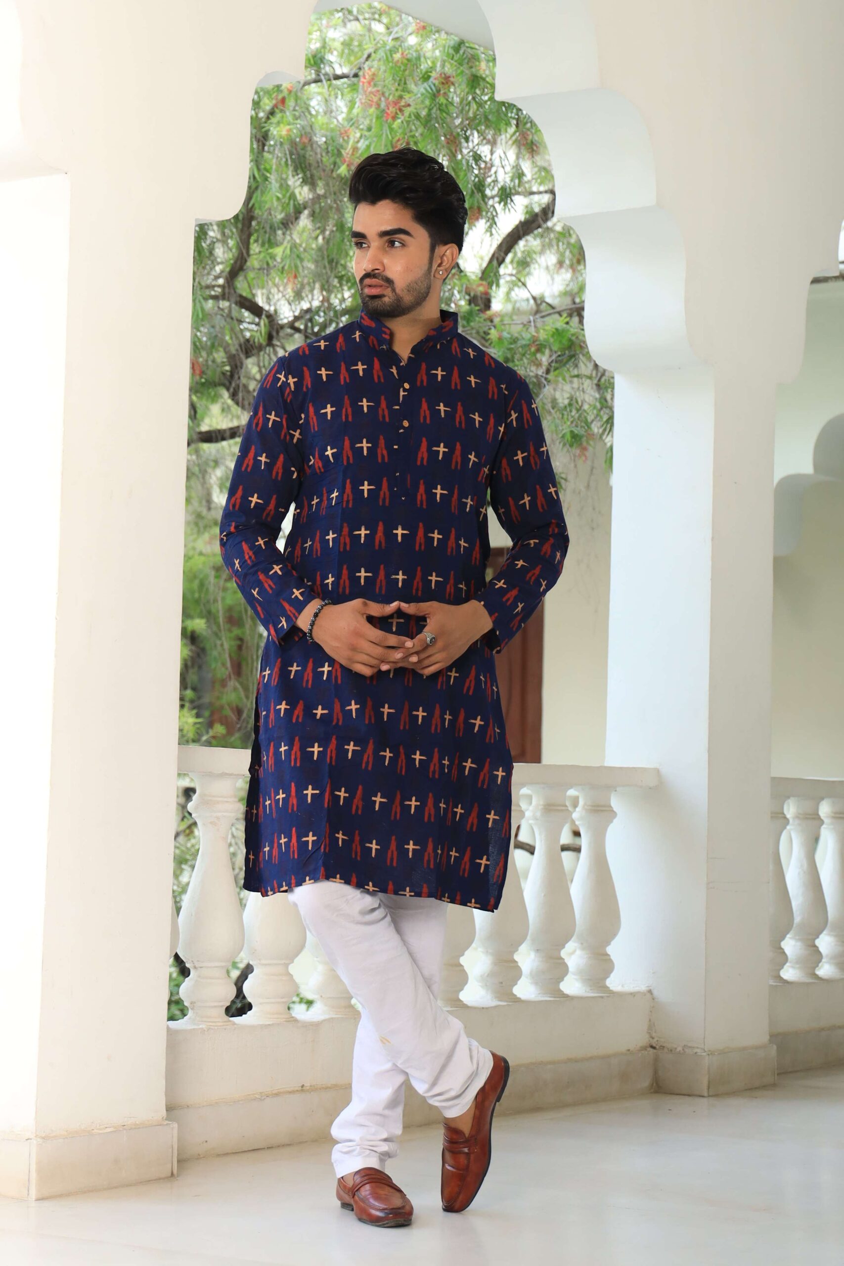 Mens Navy Blue Printed Cotton Kurta with White Pajama ? Stylish Ethnic Wear for Weddings & Festive Celebrations - Image 2