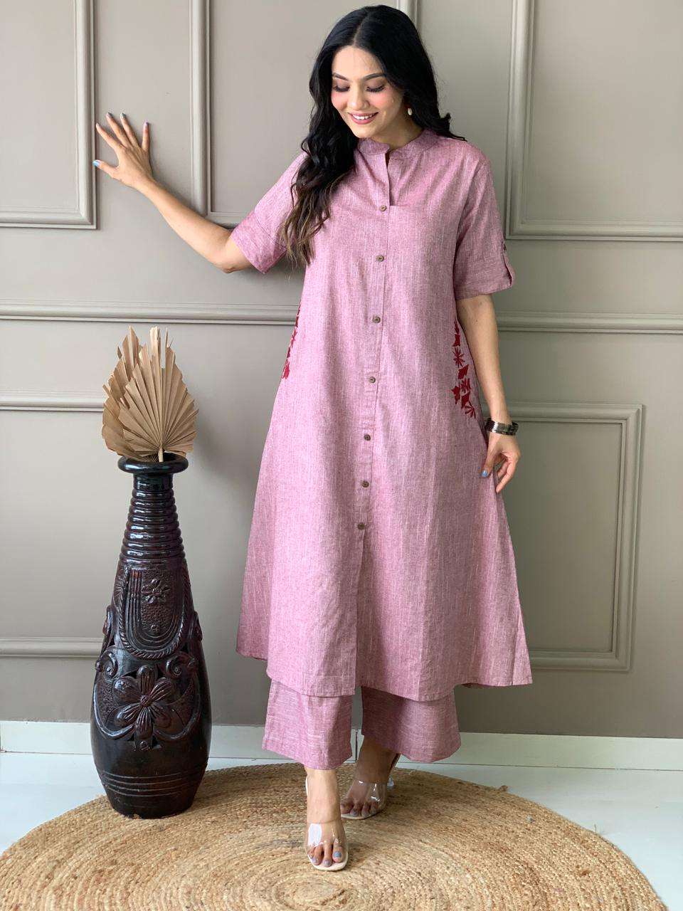 Women's Cotton Embroiderd Long A-Line Kurti with Palazzo - Image 4