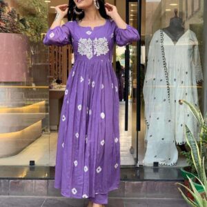 Women's Cotton Printed Long Anarkali Kurti With Pant