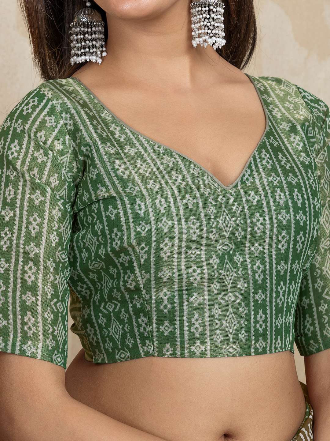 Elegant Teal Green and Mauve Pink Linen Saree with Geometric and Floral Prints - Image 4