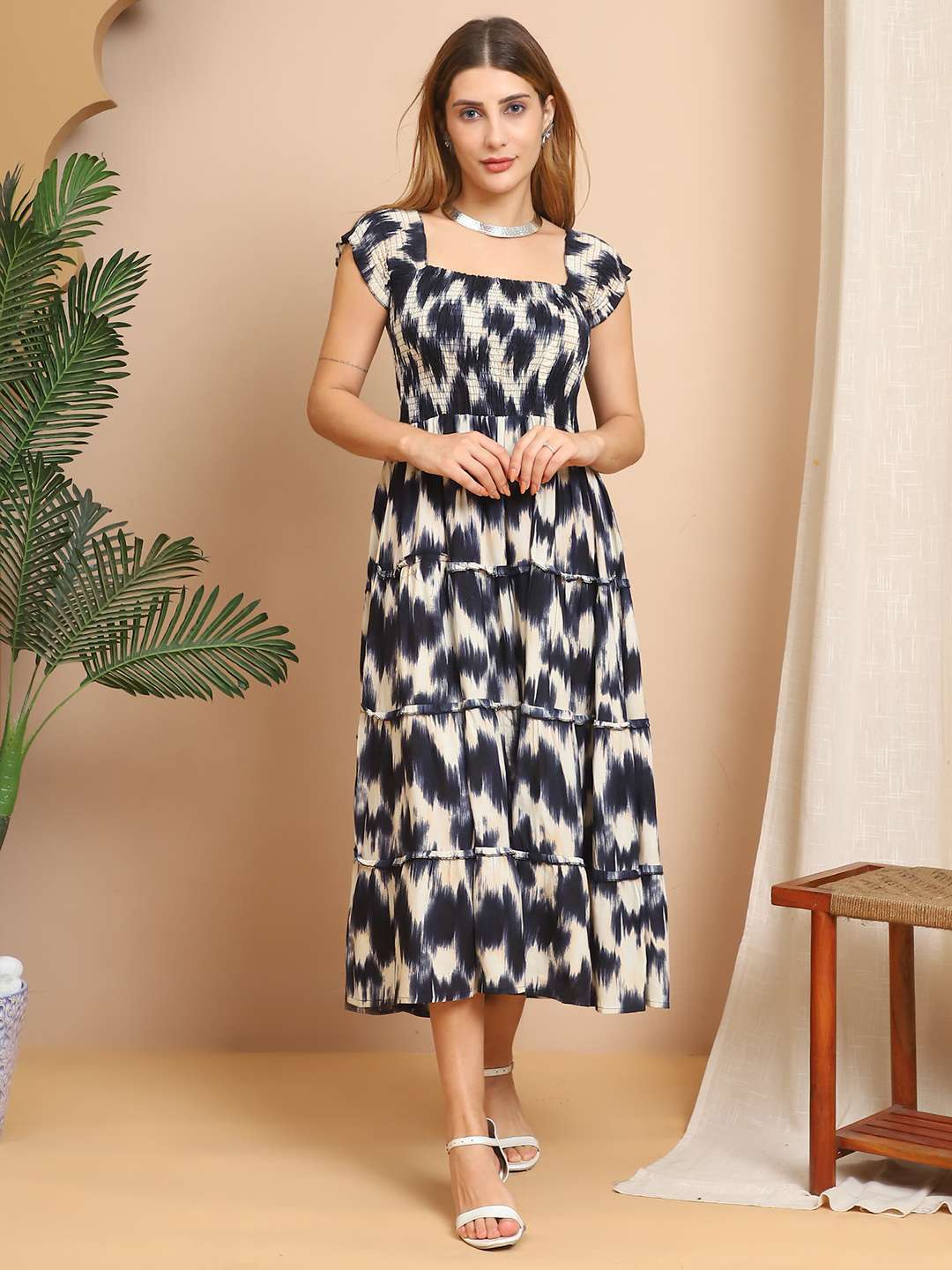 Women's Viscos Rayon Printed Off Shoulder Midi Dress For Summer And Casual Wear (Blue Cream) - Image 7