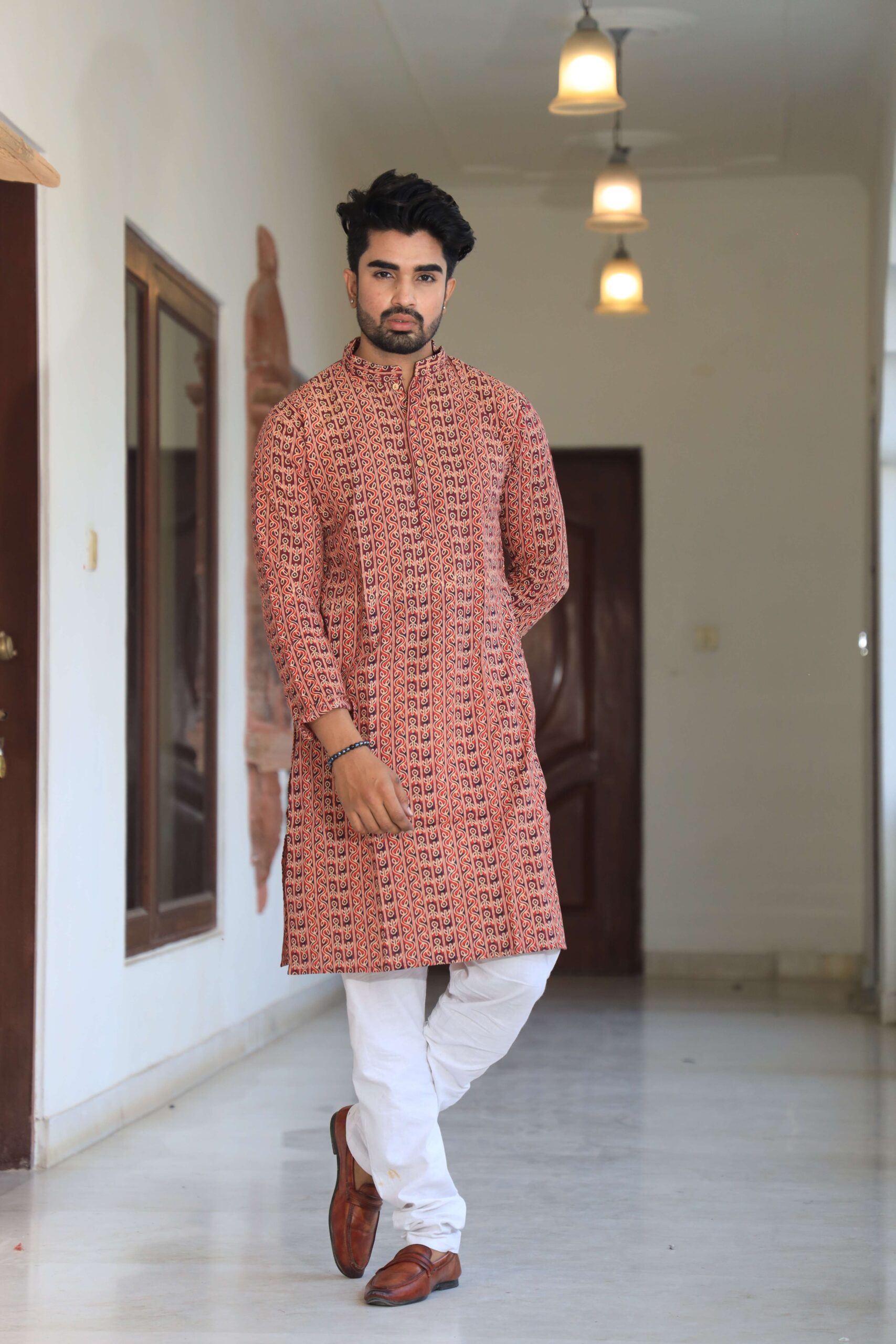 Mens Red Printed Cotton Kurta with White Pajama ? Stylish Traditional & Festive Wear - Image 4