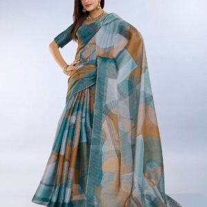 Contemporary Geometric Printed Linen Shimmer Saree