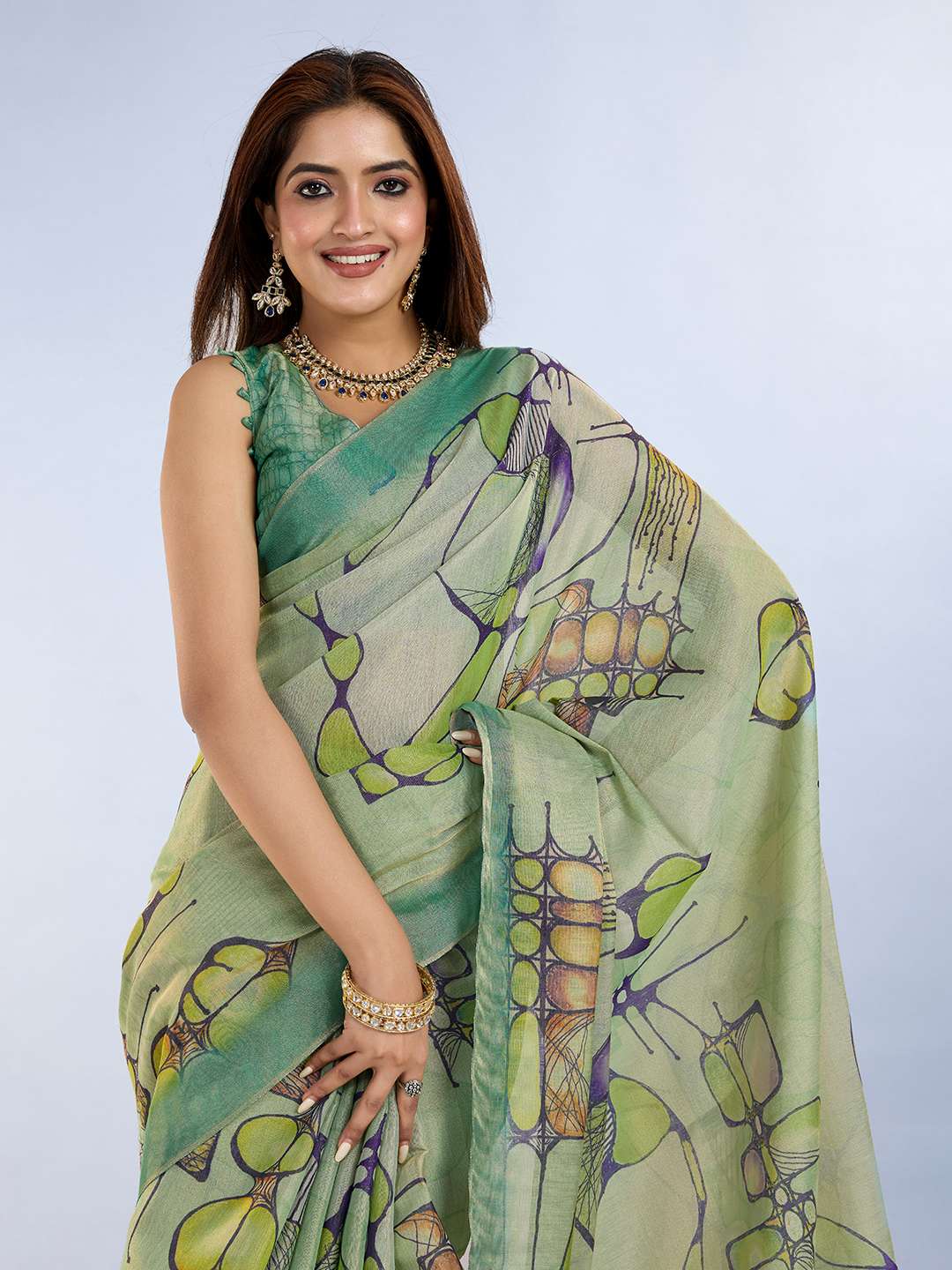 Exquisite Light Green Printed Linen Saree with Abstract Dragonfly and Geometric Patterns - Perfect for Modern Ethnic Wear - Image 5