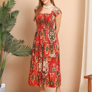 Women's Viscos Rayon Printed Off Shoulder Midi Dress For Summer And Casual Wear (Red)