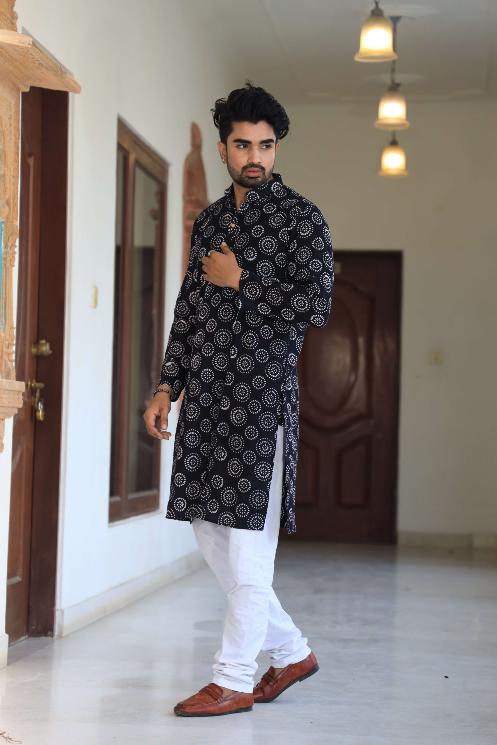 Mens Black Printed Cotton Kurta with White Pajama ? Trendy Festive & Casual Wear - Image 2
