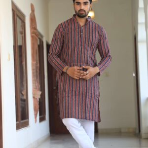 Mens Striped Cotton Kurta in Red & Blue with White Pajama ? Casual & Festive Ethnic Wear